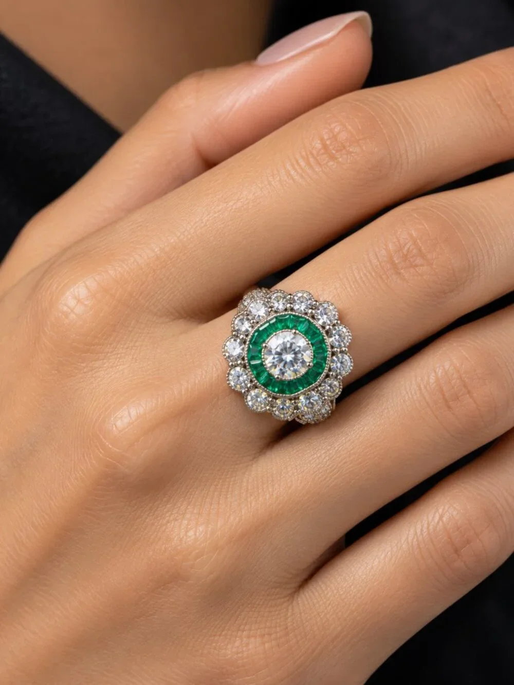 S925 Sterling Silver Green Target Ring Clear Stone Halo Size 9.75-10